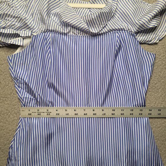 J.Crew Dress 0 Blue White Silk Striped Ruffle Cold Shoulder Handkerchief Midi - Picture 8 of 8